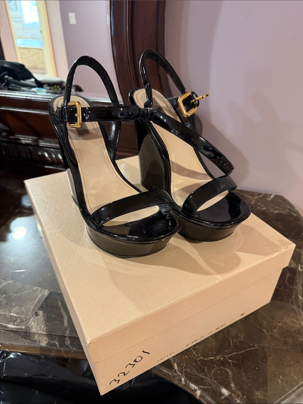 Prada Black Patent Platform Wedge Sandals with Gold Buckle